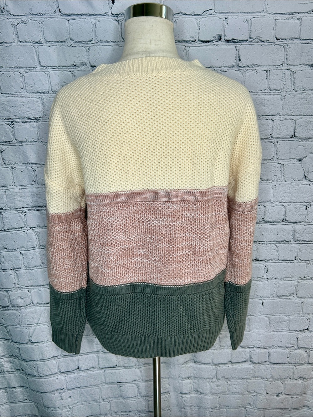 Womens Medium Colorblock Sweater Cream Blush Pink Gray Textured Knit Pullover - Picture 3 of 6